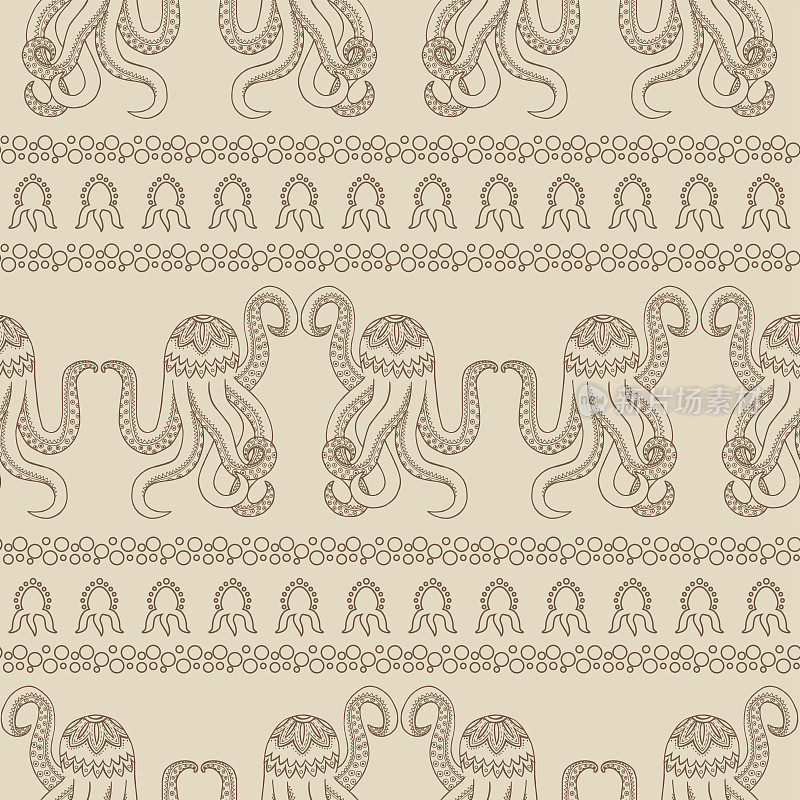 Seamless pattern with Zen octopus. Underwater life. A Wallpaper with marine animals.